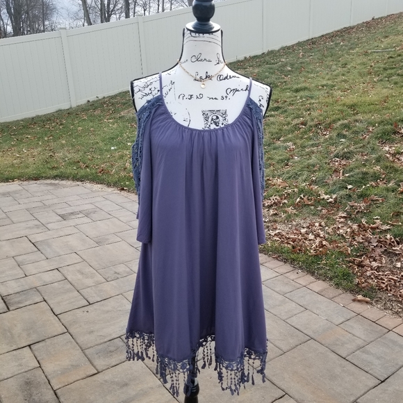 Strappy Midi Boho  Dress with Shoulders Down, Very Light Dark Blue Color, SIZE L - Picture 3 of 17